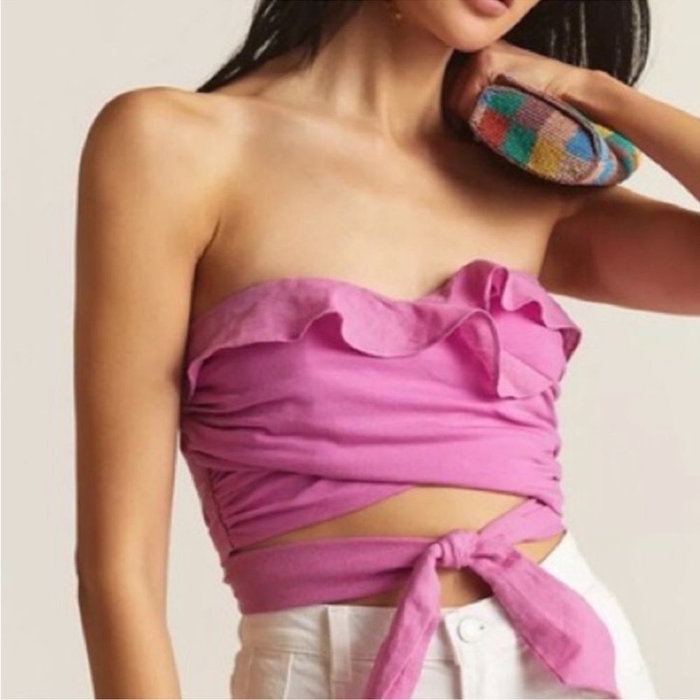 Anthropologie Strapless Ruffle Wrap Crop Top - Hot Pink